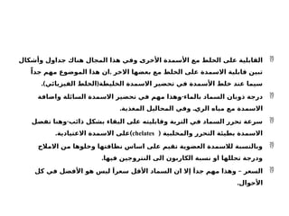 
‫وأشكال‬ ‫جداول‬ ‫هناك‬ ‫المجال‬ ‫هذا‬ ‫وفي‬ ‫األخرى‬ ‫األسمدة‬ ‫مع‬ ‫الخلط‬ ‫على‬ ‫القابلية‬
.
ّ‫جدا‬ ‫مهم‬ ‫الموضوع‬ ‫هذا‬ ‫ان‬ ‫االخر‬ ‫بعضها‬ ‫مع‬ ‫الخلط‬ ‫على‬ ‫االسمدة‬ ‫قابلية‬ ‫تبين‬
.) (
‫الفيزيائي‬ ‫الخلط‬ ‫الخليطة‬ ‫االسمدة‬ ‫تحضير‬ ‫في‬ ‫األسمدة‬ ‫خلط‬ ‫عند‬ ‫سيما‬

-
‫واضافة‬ ‫السائلة‬ ‫االسمدة‬ ‫تحضير‬ ‫في‬ ‫مهم‬ ‫وهذا‬ ‫بالماء‬ ‫السماد‬ ‫ذوبان‬ ‫درجة‬
. .
‫المغذية‬ ‫المحاليل‬ ‫وفي‬ ‫الري‬ ‫مياه‬ ‫مع‬ ‫االسمدة‬

-
‫تفضل‬ ‫وهنا‬ ‫ذائب‬ ‫بشكل‬ ‫البقاء‬ ‫على‬ ‫وقابليته‬ ‫التربة‬ ‫في‬ ‫السماد‬ ‫تحرر‬ ‫سرعة‬
( ‫والمخلبية‬ ‫التحرر‬ ‫بطيئة‬ ‫االسمدة‬
chelates
. )
‫االعتيادية‬ ‫االسمدة‬ ‫على‬

‫االمالح‬ ‫من‬ ‫وخلوها‬ ‫نظافتها‬ ‫اساس‬ ‫على‬ ‫تقيم‬ ‫العضوية‬ ‫لالسمدة‬ ‫وبالنسبة‬
.‫فيها‬ ‫النتروجين‬ ‫الى‬ ‫الكاربون‬ ‫نسبة‬ ‫او‬ ‫تحللها‬ ‫ودرجة‬

–
‫كل‬ ‫في‬ ‫األفضل‬ ‫هو‬ ‫ليس‬ َ‫سعرا‬ ‫األقل‬ ‫السماد‬ ‫ان‬ ‫إال‬ َ‫جدا‬ ‫مهم‬ ‫وهذا‬ ‫السعر‬
.‫األحوال‬
 