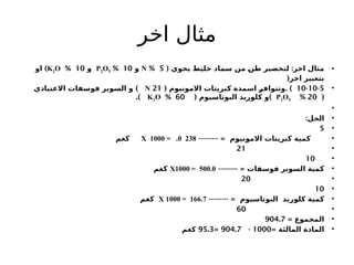 ‫اخر‬ ‫مثال‬
•
( :
‫يحوي‬ ‫خليط‬ ‫سماد‬ ‫من‬ ‫طن‬ ‫لتحضير‬ ‫اخر‬ ‫مثال‬
5
%
N
‫و‬
10
%
P2O5
‫و‬
10
%
K2O
)
‫او‬
(‫اخر‬ ‫بتعبير‬
•
10-10-5
( . )
‫االمونيوم‬ ‫كبريتات‬ ‫اسمدة‬ ‫وتتوافر‬
21
N
)
‫االعتيادي‬ ‫فوسفات‬ ‫السوبر‬ ‫و‬
(
20
%
P2O5
( )
‫البوتاسيوم‬ ‫كلوريد‬ ‫و‬
60
%
K2O
.)
•
•
:‫الحل‬
•
5
•
--------- = ‫االمونيوم‬ ‫كبريتات‬ ‫كمية‬
X 1000 = .0 238
‫كغم‬
•
21
•
10
•
--------- = ‫فوسفات‬ ‫السوبر‬ ‫كمية‬
X1000 = 500.0
‫كغم‬
•
20
•
10
•
--------- = ‫البوتاسيوم‬ ‫كلوريد‬ ‫كمية‬
X 1000 = 166.7
‫كغم‬
•
60
•
= ‫المجموع‬
904.7
•
= ‫المالئة‬ ‫المادة‬
1000
-
904.7
=
95.3
‫كغم‬
 