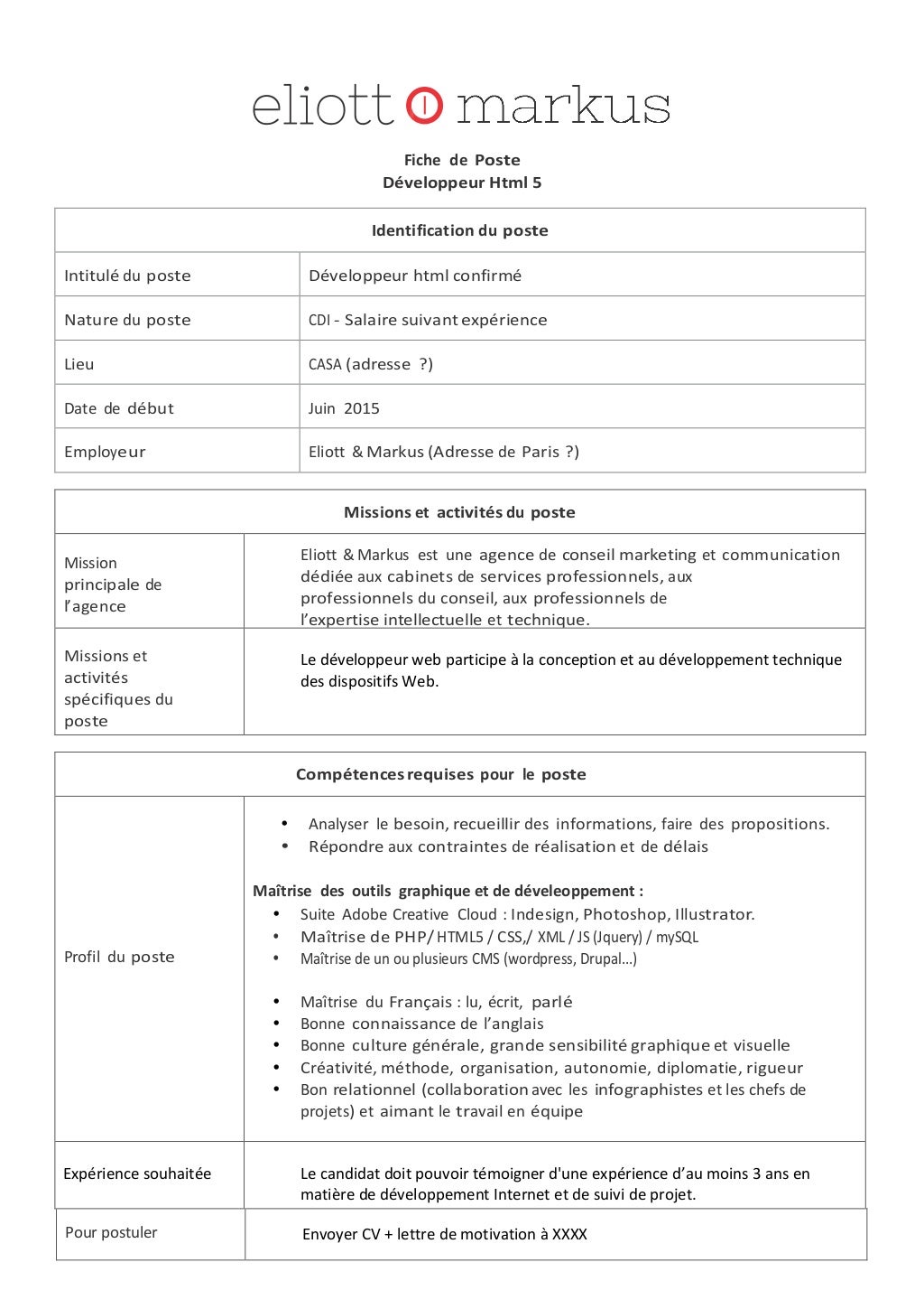 Fiche de Poste Développeur