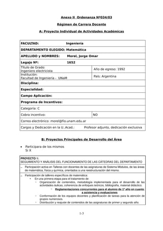 Anexo II Ordenanza Nº034/03

                              Régimen de Carrera Docente

               A: Proyecto Individual de Actividades Académicas


FACULTAD:                            Ingeniería

DEPARTAMENTO ELEGIDO: Matemática

APELLIDO y NOMBRES:                   Morel, Jorge Omar

Legajo Nº:                            1652
Título de Grado:
                                                            Año de egreso: 1992
Ingeniero electricista
Institución:
                                                            País: Argentina
Facultad de Ingeniería - UNaM
Disciplina:

Especialidad:

Campo Aplicación:

Programa de Incentivos:

Categoría: C

Cobra incentivo:                                            NO

Correo electrónico: morel@fio.unam.edu.ar

Cargos y Dedicación en la U..Acad.:                   Profesor adjunto, dedicación exclusiva


                 B: Proyectos Principales de Desarrollo del Área

•   Participara de los mismos
    Si X

PROYECTO 1: 
SEGUIMIENTO Y ANÁLISIS DEL FUNCIONAMIENTO DE LAS CÁTEDRAS DEL DEPARTAMENTO

–  Participación activa en Talleres con docentes de las asignaturas de Sistema Módulos, de las áreas 
    de matemática, física y química, orientados a una reestructuración del mismo.

–  Participación de talleres específicos de matemática:
        •   En una primera etapa para el tratamiento de:
            ◦ Organización de contenidos, metodología implementada para el desarrollo de las
                actividades áulicas, coherencia de enfoques teóricos, bibliografía, material didáctico.
                         ◦ Reglamentaciones concurrentes para el alumno de 1º año en cuanto
                                                  a asistencia y evaluaciones
            ◦ Conformación de los equipos docentes y planificación de tareas para la atención de
                grupos numerosos.
            ◦ Distribución y reajuste de contenidos de las asignaturas de primer y segundo año.



                                                1­3
 