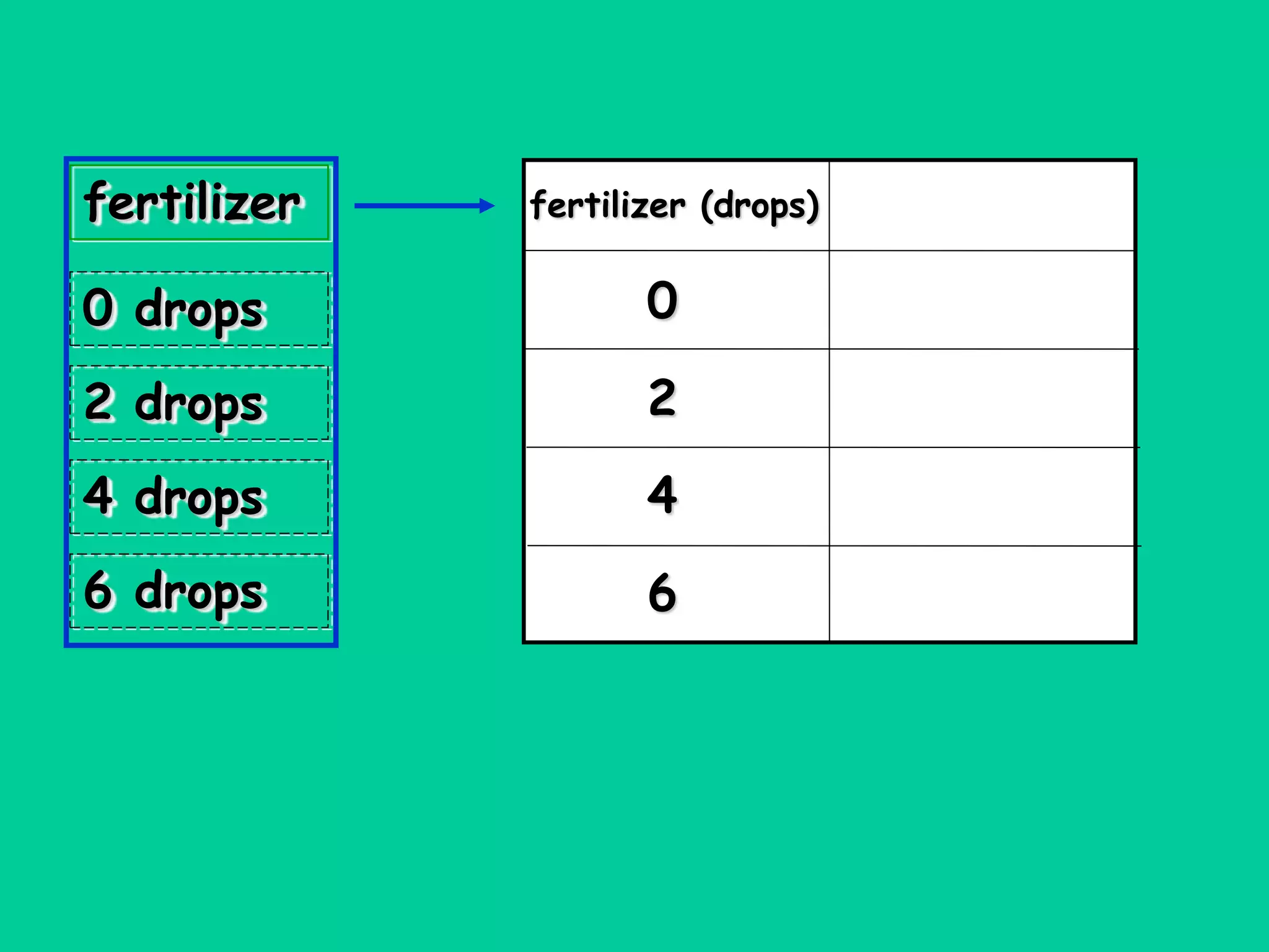 fertilizer
0 drops
2 drops
4 drops
6 drops
fertilizer (drops)
0
2
4
6
 