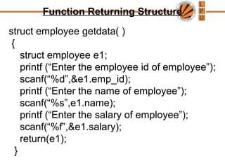 Function Returning Structure
struct employee getdata( )
{
struct employee e1;
printf (“Enter the employee id of employee”);
scanf(“%d”,&e1.emp_id);
printf (“Enter the name of employee”);
scanf(“%s”,e1.name);
printf (“Enter the salary of employee”);
scanf(“%f”,&e1.salary);
return(e1);
}
 