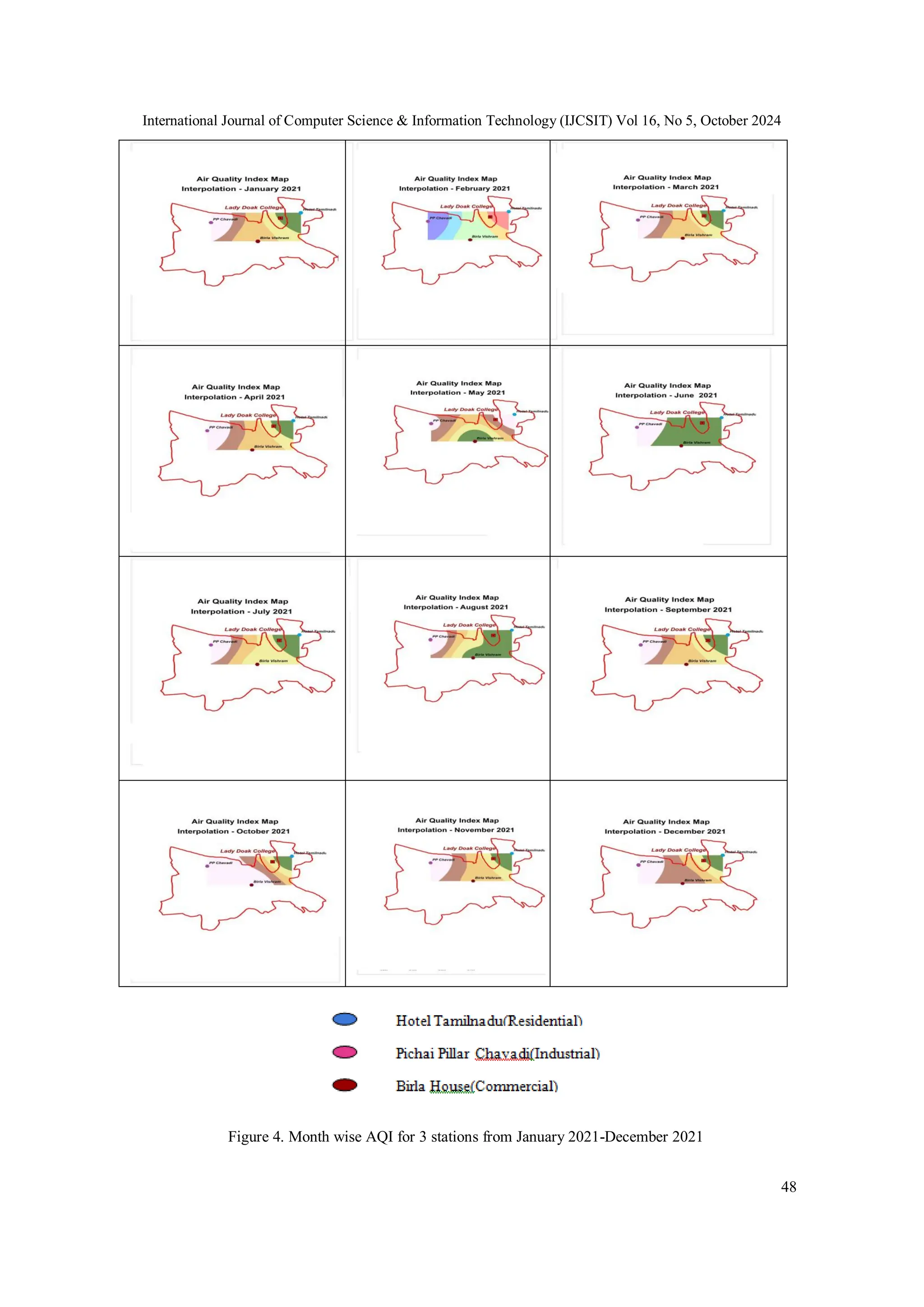 International Journal of Computer Science & Information Technology (IJCSIT) Vol 16, No 5, October 2024
48
Figure 4. Month wise AQI for 3 stations from January 2021-December 2021
 