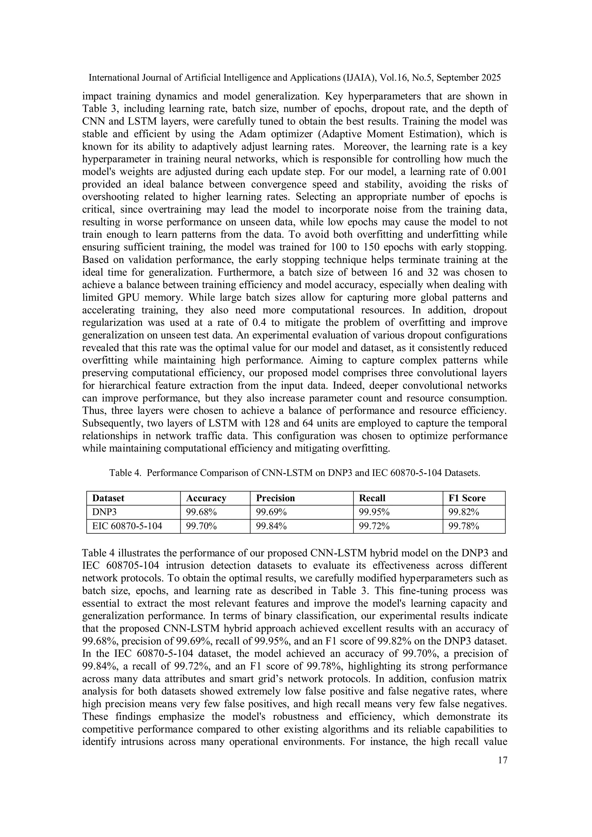 International Journal of Artificial Intelligence and Applications (IJAIA), Vol.16, No.5, September 2025
17
impact training dynamics and model generalization. Key hyperparameters that are shown in
Table 3, including learning rate, batch size, number of epochs, dropout rate, and the depth of
CNN and LSTM layers, were carefully tuned to obtain the best results. Training the model was
stable and efficient by using the Adam optimizer (Adaptive Moment Estimation), which is
known for its ability to adaptively adjust learning rates. Moreover, the learning rate is a key
hyperparameter in training neural networks, which is responsible for controlling how much the
model's weights are adjusted during each update step. For our model, a learning rate of 0.001
provided an ideal balance between convergence speed and stability, avoiding the risks of
overshooting related to higher learning rates. Selecting an appropriate number of epochs is
critical, since overtraining may lead the model to incorporate noise from the training data,
resulting in worse performance on unseen data, while low epochs may cause the model to not
train enough to learn patterns from the data. To avoid both overfitting and underfitting while
ensuring sufficient training, the model was trained for 100 to 150 epochs with early stopping.
Based on validation performance, the early stopping technique helps terminate training at the
ideal time for generalization. Furthermore, a batch size of between 16 and 32 was chosen to
achieve a balance between training efficiency and model accuracy, especially when dealing with
limited GPU memory. While large batch sizes allow for capturing more global patterns and
accelerating training, they also need more computational resources. In addition, dropout
regularization was used at a rate of 0.4 to mitigate the problem of overfitting and improve
generalization on unseen test data. An experimental evaluation of various dropout configurations
revealed that this rate was the optimal value for our model and dataset, as it consistently reduced
overfitting while maintaining high performance. Aiming to capture complex patterns while
preserving computational efficiency, our proposed model comprises three convolutional layers
for hierarchical feature extraction from the input data. Indeed, deeper convolutional networks
can improve performance, but they also increase parameter count and resource consumption.
Thus, three layers were chosen to achieve a balance of performance and resource efficiency.
Subsequently, two layers of LSTM with 128 and 64 units are employed to capture the temporal
relationships in network traffic data. This configuration was chosen to optimize performance
while maintaining computational efficiency and mitigating overfitting.
Table 4. Performance Comparison of CNN-LSTM on DNP3 and IEC 60870-5-104 Datasets.
Dataset Accuracy Precision Recall F1 Score
DNP3 99.68% 99.69% 99.95% 99.82%
EIC 60870-5-104 99.70% 99.84% 99.72% 99.78%
Table 4 illustrates the performance of our proposed CNN-LSTM hybrid model on the DNP3 and
IEC 608705-104 intrusion detection datasets to evaluate its effectiveness across different
network protocols. To obtain the optimal results, we carefully modified hyperparameters such as
batch size, epochs, and learning rate as described in Table 3. This fine-tuning process was
essential to extract the most relevant features and improve the model's learning capacity and
generalization performance. In terms of binary classification, our experimental results indicate
that the proposed CNN-LSTM hybrid approach achieved excellent results with an accuracy of
99.68%, precision of 99.69%, recall of 99.95%, and an F1 score of 99.82% on the DNP3 dataset.
In the IEC 60870-5-104 dataset, the model achieved an accuracy of 99.70%, a precision of
99.84%, a recall of 99.72%, and an F1 score of 99.78%, highlighting its strong performance
across many data attributes and smart grid’s network protocols. In addition, confusion matrix
analysis for both datasets showed extremely low false positive and false negative rates, where
high precision means very few false positives, and high recall means very few false negatives.
These findings emphasize the model's robustness and efficiency, which demonstrate its
competitive performance compared to other existing algorithms and its reliable capabilities to
identify intrusions across many operational environments. For instance, the high recall value
 