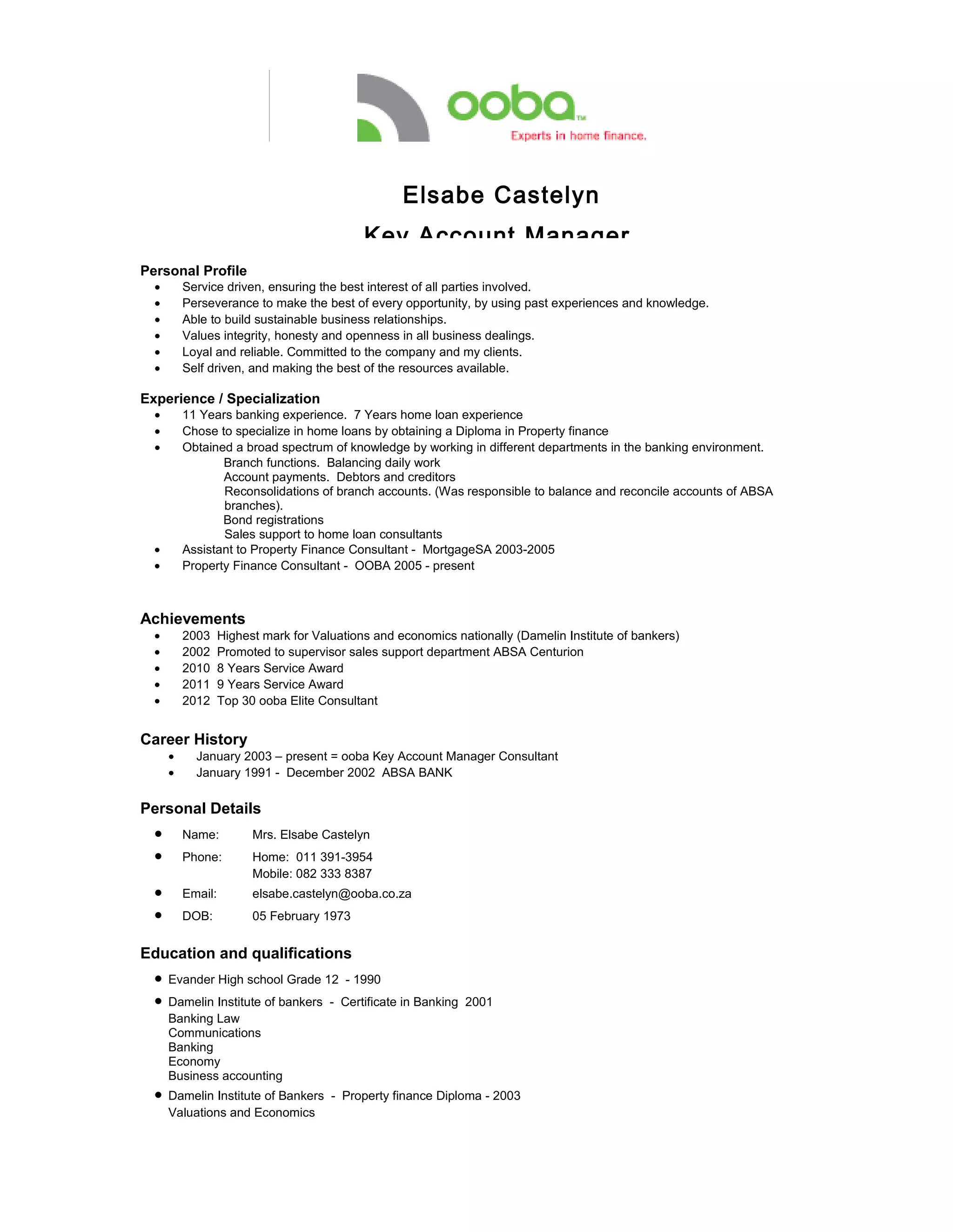 Elsabe 1 Pager CV DOC Business Banking Finance Business Elsabe 1 pager cv doc business banking finance business