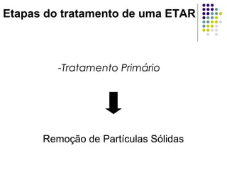 Etapas do tratamento de uma ETAR
-Tratamento Primário
Remoção de Partículas Sólidas
 