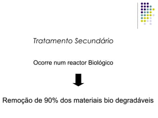 Tratamento Secundário
Remoção de 90% dos materiais bio degradáveis
Ocorre num reactor Biológico
 