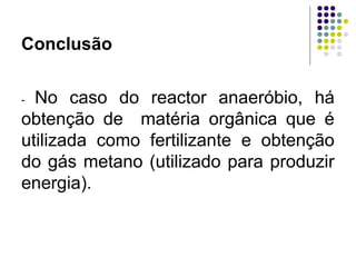 Conclusão
- No caso do reactor anaeróbio, há
obtenção de matéria orgânica que é
utilizada como fertilizante e obtenção
do gás metano (utilizado para produzir
energia).
 