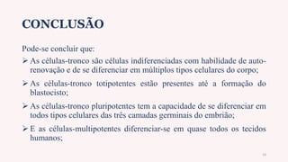 CONCLUSÃO
Pode-se concluir que:
 As células-tronco são células indiferenciadas com habilidade de auto-
renovação e de se diferenciar em múltiplos tipos celulares do corpo;
 As células-tronco totipotentes estão presentes até a formação do
blastocisto;
 As células-tronco pluripotentes tem a capacidade de se diferenciar em
todos tipos celulares das três camadas germinais do embrião;
 E as células-multipotentes diferenciar-se em quase todos os tecidos
humanos;
19
 