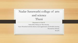 Nadar Saraswathi college of arts
and science
Theni
Department of CS & IT
Subject:Data Mining and Ware Housing
Topic: Hierarchical methods distance, based agglomerative and divisible clustering
Presented by: S.Swetha
M.sc(IT)
 