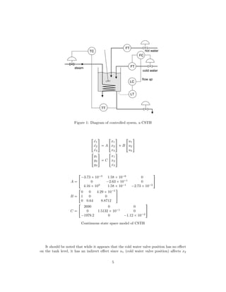 Figure 1: Diagram of controlled sysem, a CSTH
!
9x1
9x2
9x3
(
)  A !
x1
x2
x3
(
)  B !
u1
u2
u3
(
)
!
y1
y2
y3
(
)  C !
x1
x2
x3
(
)
A  !
¡3.73 ¢10¡3
1.58 ¢10¡6
0
0 ¡2.63 ¢10¡1
0
4.16 ¢103
1.58 ¢10¡1
¡2.73 ¢10¡2
(
)
B  !
0 0 4.29 ¢10¡5
1 0 0
0 0.64 8.8712
(
)
C  !
2690 0 0
0 1.5132 ¢10¡1
0
¡1979.2 0 ¡1.12 ¢10¡2
(
)
Continuous state space model of CSTH
It should be noted that while it appears that the cold water valve position has no eﬀect
on the tank level, it has an indirect eﬀect since u1 (cold water valve position) aﬀects x2
5
 
