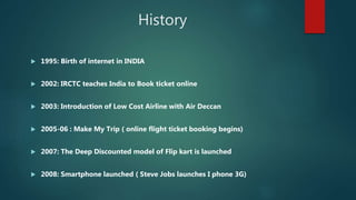 History
 1995: Birth of internet in INDIA
 2002: IRCTC teaches India to Book ticket online
 2003: Introduction of Low Cost Airline with Air Deccan
 2005-06 : Make My Trip ( online flight ticket booking begins)
 2007: The Deep Discounted model of Flip kart is launched
 2008: Smartphone launched ( Steve Jobs launches I phone 3G)
 