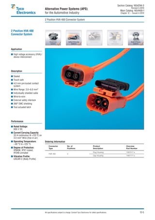 Section Catalog 1654294-3.
                                                                                                                                              Revised 5-2010.
                                   Alternative Power Systems (APS)                                                               Main Catalog 1654400-1
                                   for the Automotive Industry                                                                    Chapter 12 – Issued 4-2010.


                                   2 Position HVA 400 Connector System



2 Position HVA 400
Connector System




Application

■ High voltage accessory (HVA) /
  device interconnect




Description

■ Sealed
■ Touch safe
■ 4.0 mm pin/socket contact
  system
■ Wire Range: 3.0–6.0 mm2
■ Individually shielded cable
■ Wire-to-wire
■ External safety interlock
■ 360° EMC shielding
■ Tool actuated latch




Performance

■ Rated Voltage:
  600 V DC
■ Current Carrying Capacity:
  33 A continuous @ +125 °C on
  3.0 mm2 Wire (free in air)
■ Operating Temperature:           Ordering Information
  –40 °C to +125 °C
                                        Connector                 No. of                                Product                         Overview
■ Degree of Protection:                 Type                      Positions                             Description                     Part Number
  IP6K9K, IPX7 mated,
  IP2XB unmated                                                                                         Plug Housing                    1587517-x
                                        HVA 400                   2
■ Vibration Profile:                                                                                    Cap Housing                     1587777-x
  USCAR-2 (Body Profile)




                                   All specifications subject to change. Consult Tyco Electronics for latest specifications.                           12-5
 