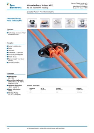 Section Catalog 1654294-3.
                                                                                                                                              Revised 5-2010.
                                   Alternative Power Systems (APS)                                                               Main Catalog 1654400-1
                                   for the Automotive Industry                                                                    Chapter 12 – Issued 4-2010.


                                   2 Position Auxiliary Power Terminal (APT)



2 Position Auxiliary
Power Terminal (APT)




Application

■ High voltage accessory (HVA) /
  device interconnect




Description

■ Auxiliary pigtail system
■ Sealed
■ Touch safe
■ Wire Range: 2.5–6.0 mm2
■ Individually shielded cable
■ Wire-to-device
■ Non-serviceable fixed device
  interface
■ 360° EMC shielding




Performance

■ Rated Voltage:
  600 V DC
■ Current Carrying Capacity:
  30 A continuous @ +125 °C
  on 4.0 mm2 Wire
■ Operating Temperature:           Ordering Information
  –40 °C to +125 °C
                                        Connector                 No. of                                Product                         Overview
■ Degree of Protection:                 Type                      Positions                             Description                     Part Number
  IP6K9K
                                        APT                       2                                     Kit                             1587833-x
■ Vibration Profile:
  USCAR-2 (on Engine)




12-6                               All specifications subject to change. Consult Tyco Electronics for latest specifications.
 