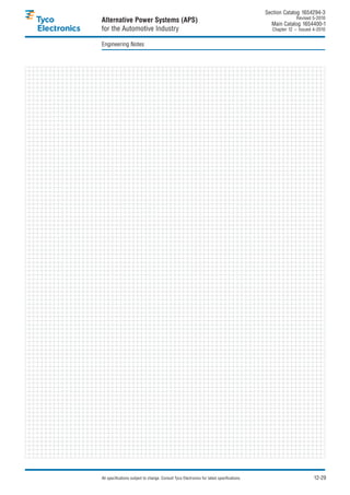 Section Catalog 1654294-3.
                                                                                                           Revised 5-2010.
Alternative Power Systems (APS)                                                               Main Catalog 1654400-1
for the Automotive Industry                                                                    Chapter 12 – Issued 4-2010.


Engineering Notes




All specifications subject to change. Consult Tyco Electronics for latest specifications.                          12-29
 