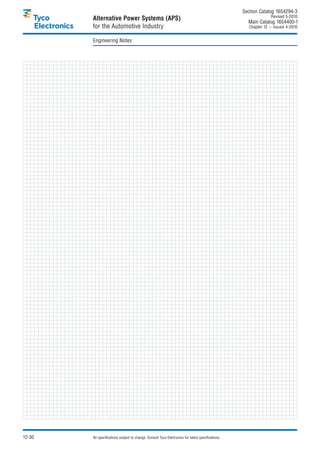 Section Catalog 1654294-3.
                                                                                                                   Revised 5-2010.
        Alternative Power Systems (APS)                                                               Main Catalog 1654400-1
        for the Automotive Industry                                                                    Chapter 12 – Issued 4-2010.


        Engineering Notes




12-30   All specifications subject to change. Consult Tyco Electronics for latest specifications.
 