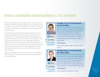 10
Dopo aver consolidato la tua immagine sociale, individuato il tipo di
persone che desideri incontrare, sviluppato la tua strategia di ricerca
e circoscritto il tuo settore di competenza, devi definire la tua filosofia
di contatto e decidere come espandere la tua rete di collegamenti in
modo sostanziale.
Le persone variano molto in base al livello di aggressività con cui
scelgono di sviluppare la loro base di contatti sui social network,
in particolare su LinkedIn. Alcuni preferiscono aggiungere alla loro
rete solo le persone che conoscono molto bene e respingono ogni
nuova richiesta di contatto che non provenga dalla loro cerchia
professionale più ristretta. Altri invece sono più aperti riguardo a chi
accettare o meno. Come venditore social, puoi certamente usare una
certa discrezionalità riguardo a chi scegli di aggiungere o invitare.
Detto questo, in linea generale, più ti esponi alle opportunità, più
opportunità avrai.
Hai poco da perdere nel cercare o accettare nuovi contatti nella tua
rete. Ma quando si tratta di sviluppare le vendite, la posta in gioco
può essere altissima.
PASSO 4: ESPANDERE STRATEGICAMENTE IL TUO NETWORK
“Monitora il tuo ecosistema sociale in cerca di
segnali. Può darsi che qualcuno nella tua estesa
rete di contatti abbia appena cambiato lavoro
o sia appena stato promosso. O allora, tu o
uno dei tuoi collegamenti siete in contatto con
una persona che sta lasciando una società. È
possibile utilizzare tali informazioni raccolte dai
social media”.
– Dario Priolo,
Responsabile della strategia, Richardson Sales
Training
Consiglio #7 per la trasformazione
del Social Selling
“Per molto tempo, la mia filosofia è stata davvero
molto semplice: se posso apportarti qualcosa o
se mi puoi apportare qualcosa, allora entriamo
in contatto. Per me non ha alcuna importanza
che il mio interlocutore sia al primo anno di
esperienza nella vendita in una piccola impresa
o sia il dirigente di un’azienda della Fortune 500”.
– Koka Sexton,
Sr. Social Marketing Manager, LinkedIn
Consiglio #8 per la trasformazione
del Social Selling
Cliccare per
condividere!
Cliccare per
condividere!
 