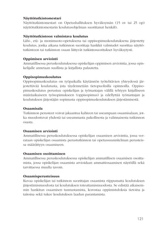 121
Näyttötutkintomestari
Näyttötutkintomestari on Opetushallituksen hyväksymän (15 ov tai 25 op)
näyttötutkintomestarin koulutusohjelman suorittanut henkilö.
Näyttötutkintoon valmistava koulutus
Lähi-, etä- ja monimuoto-opetuksena tai oppisopimuskoulutuksena järjestetty
koulutus, jonka aikana tutkinnon suorittaja hankkii valmiudet suorittaa näyttö-
tutkintoon tai tutkinnon osaan liittyvät tutkintosuoritukset hyväksytysti.
Oppimisen arviointi
Ammatillisessa peruskoulutuksessa opiskelijan oppimisen arviointia, jossa opis-
kelijalle annetaan suullista ja kirjallista palautetta.
Oppisopimuskoulutus
Oppisopimuskoulutus on työpaikalla käytännön työtehtävien yhteydessä jär-
jestettävää koulutusta, jota täydennetään tietopuolisilla opinnoilla. Oppiso-
pimuskoulutus perustuu opiskelijan ja työnantajan välillä tehtyyn kirjalliseen
määräaikaiseen työsopimukseen (oppisopimus) ja edellyttää työnantajan ja
koulutuksen järjestäjän sopimusta oppisopimuskoulutuksen järjestämisestä.
Osaamisala
Tutkinnon perusteet voivat jakaantua kahteen tai useampaan osaamisalaan, jot-
ka muodostuvat yhdestä tai useammasta pakollisesta ja valinnaisesta tutkinnon
osasta.
Osaamisen arviointi
Ammatillisessa peruskoulutuksessa opiskelijan osaamisen arviointia, jossa ver-
rataan opiskelijan osaamista perustutkinnon tai opetussuunnitelman perusteis-
sa määrättyyn osaamiseen.
Osaamisen osoittaminen
Ammatillisessa peruskoulutuksessa opiskelijan ammatillisen osaamisen osoitta-
mista, jossa opiskelijan osaamista arvioidaan ammattiosaamisen näytöillä sekä
tarvittaessa muulla tavoin.
Osaamisperusteisuus
Kuvaa opiskelijan tai tutkinnon suorittajan osaamista riippumatta koulutuksen
järjestämismuodosta tai koulutuksen toteuttamismuodosta. Se edistää aikaisem-
min hankitun osaamisen tunnustamista, korostaa oppimistuloksia tietoina ja
taitoina sekä tukee koulutuksen laadun parantamista.
 