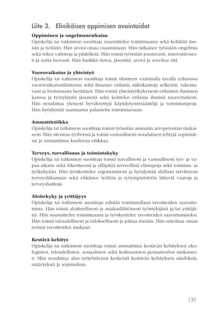 131
Liite 3.	 Elinikäisen oppimisen avaintaidot
Oppiminen ja ongelmanratkaisu
Opiskelija tai tutkinnon suorittaja suunnittelee toimintaansa sekä kehittää itse-
ään ja työtään. Hän arvioi omaa osaamistaan. Hän ratkaisee työssään ongelmia
sekä tekee valintoja ja päätöksiä. Hän toimii työssään joustavasti, innovatiivises-
ti ja uutta luovasti. Hän hankkii tietoa, jäsentää, arvioi ja soveltaa sitä.
Vuorovaikutus ja yhteistyö
Opiskelija tai tutkinnon suorittaja toimii tilanteen vaatimalla tavalla erilaisissa
vuorovaikutustilanteissa sekä ilmaisee erilaisia näkökantoja selkeästi, rakenta-
vasti ja luottamusta herättäen. Hän toimii yhteistyökykyisesti erilaisten ihmisten
kanssa ja työryhmän jäsenenä sekä kohtelee erilaisia ihmisiä tasavertaisesti.
Hän noudattaa yleisesti hyväksyttyjä käyttäytymissääntöjä ja toimintatapoja.
Hän hyödyntää saamaansa palautetta toiminnassaan.
Ammattietiikka
Opiskelija tai tutkinnon suorittaja toimii työssään ammatin arvoperustan mukai-
sesti. Hän sitoutuu työhönsä ja toimii vastuullisesti noudattaen tehtyjä sopimuk-
sia ja ammattiinsa kuuluvaa etiikkaa.
Terveys, turvallisuus ja toimintakyky
Opiskelija tai tutkinnon suorittaja toimii turvallisesti ja vastuullisesti työ- ja va-
paa-aikana sekä liikenteessä ja ylläpitää terveellisiä elintapoja sekä toiminta- ja
työkykyään. Hän työskentelee ergonomisesti ja hyödyntää alallaan tarvittavan
terveysliikunnan sekä ehkäisee työhön ja työympäristöön liittyviä vaaroja ja
terveyshaittoja.
Aloitekyky ja yrittäjyys
Opiskelija tai tutkinnon suorittaja edistää toiminnallaan tavoitteiden saavutta-
mista. Hän toimii aloitteellisesti ja asiakaslähtöisesti työntekijänä ja/tai yrittäjä-
nä. Hän suunnittelee toimintaansa ja työskentelee tavoitteiden saavuttamiseksi.
Hän toimii taloudellisesti ja tuloksellisesti ja johtaa itseään. Hän mitoittaa oman
työnsä tavoitteiden mukaan.
Kestävä kehitys
Opiskelija tai tutkinnon suorittaja toimii ammattinsa kestävän kehityksen eko-
logisten, taloudellisten, sosiaalisten sekä kulttuuristen periaatteiden mukaises-
ti. Hän noudattaa alan työtehtävissä keskeisiä kestävän kehityksen säädöksiä,
määräyksiä ja sopimuksia.
 