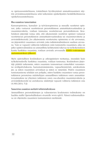 32
sa opetussuunnitelmassa, toimielimen hyväksymässä ammattiosaamisen näy-
tön arviointisuunnitelmassa sekä tarkemmin opiskelijoiden henkilökohtaisessa
opiskelusuunnitelmassa.
Muu osaamisen tunnustaminen
Kansanopistoissa, kansalais- ja työväenopistoissa ja muualla suoritetut opin-
not, jotka vastaavat suoritettavan perustutkinnon ammattitaitovaatimuksia ja
osaamistavoitteita, voidaan tunnustaa suoritettavaan perustutkintoon. Kou-
lutuksen järjestäjä vastaa siitä, että aikaisemmin suoritetut opinnot vastaavat
suoritettavan perustutkinnon ammattitaitovaatimuksia tai osaamistavoitteita ja
arviointikriteereitä. Jos aikaisemmin suoritetuista opinnoista ei ole arvosanaa,
on järjestettävä osaamisen arviointi, jotta tutkintotodistukseen saadaan arvosa-
na. Vain se vapaasti valittaviin tutkinnon osiin tunnustettu osaaminen, joka on
jatko-opintovalmiuksia tai ammatillista kehittymistä tukevaa tai työkokemuksen
kautta hankittua osaamista, voidaan arvioida arvosanalla XXXX (vahvistetaan
asetusmuutoksen jälkeen).
Myös epävirallisen koulutuksen ja arkioppimisen tuottamaa, muutakin kuin
työkokemuksella hankittua osaamista, voidaan tunnustaa. Koulutuksen järjes-
täjä päättää tarkemmin, miten osaamista tunnustetaan esimerkiksi varusmies-
tai siviilipalveluksesta, harrastustoiminnoista, vapaaehtoistyöstä, autokoulusta
jne. ja miten osaaminen arvioidaan ja miten se nimetään. Päätös osaamisen
tunnustamisesta tehdään sen pohjalta, miten hankittu osaaminen vastaa perus-
tutkinnon perusteissa määriteltyjen ammatillisten tutkinnon osien ammattitai-
tovaatimuksia tai yhteisten tutkinnon osien osa-alueiden osaamistavoitteita ja
arviointikriteereitä tai asetuksessa säädettyjä vapaasti valittavia tutkinnon osia
(A 801/2014, 5 §).
Tunnustetun osaamisen merkintä tutkintotodistukseen
Ammatillisten perustutkintojen ja valmentavien koulutusten todistuksista on
laadittu mallit Opetushallituksen sivustolle www.oph.fi. Näissä todistusmalleis-
sa on ohjeistettu osaamisen tunnustamisen merkinnät.
 