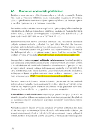 52
A6	 Osaamisen arvioinnista päättäminen
Tutkinnon osan arvosana päätetään osaamisen arvioinnin perusteella. Tutkin-
non osan ja yhteisten tutkinnon osien osa-alueiden osaamisen arvioinnista
päättää opetuksesta vastaava opettaja tai opettajat yhdessä, jos useampi opetta-
ja on ollut opettamassa ja arvioimassa osaamista.
Ammattiosaamisen näytön arvosanan päättävät opettajat ja työelämän edustajat
pääsääntöisesti yhdessä toimielimen päätöksen mukaisesti. Arvioijat käyttävät
julkista valtaa, ja heidän esteellisyyteensä sovelletaan, mitä hallintolain 27–29
§:ssä säädetään (L 630/1998, muutos 787/2014, 25 b §).
Tutkintotodistukseen tulevat arvosanat annetaan aina osaamisen arvioinnin
pohjalta arviointiasteikolla tyydyttävä (1), hyvä (2) ja kiitettävä (3). Arvosana
annetaan kaikista tutkintoon kuuluvista tutkinnon osista. Poikkeuksena ovat ne
vapaasti valittavat tutkinnon osat, jotka ovat jatko-opintovalmiuksia tai ammatil-
lista kehittymistä tukevia tai työkokemuksen kautta hankittua osaamista. Nämä
voidaan arvioida arvosanalla XXX (vahvistetaan asetusmuutoksen jälkeen).
Kun oppilaitos tarjoaa vapaasti valittavia tutkinnon osia, koulutuksen järjes-
täjä laatii niihin ammattitaitovaatimukset tai osaamistavoitteet, arvioinnin kohteet
ja arviointikriteerit sekä määrittelee laajuuden osaamispisteinä. Opettajan on aina
arvioitava nämä vapaasti valittavat tutkinnon osat asteikolla tyydyttävä (1), hyvä
(2) ja kiitettävä (3) paitsi edellä mainittuja (jatko-opintovalmiuksia tai ammatillista
kehittymistä tukevia tai työkokemuksen kautta hankittua osaamista), joista voi-
daan antaa arvosana XXXX (vahvistetaan asetusmuutoksen jälkeen).
Arvosana annetaan tutkinnon osittain tutkinnon perusteissa olevien arviointi-
kriteereiden perusteella. Muita arviointikriteereitä ei käytetä. Arvioinnin perus-
telut on aina kirjattava; näin annetulle arvosanalle löytyy perustelut myös siinä
tilanteessa, kun opiskelija on tyytymätön saamaansa arviointiin.
Ammatillisissa tutkinnon osissa opettaja ja työpaikkaohjaaja päättävät ar-
viointikeskustelun jälkeen ammattiosaamisen näytön arvosanasta joko yhdessä
tai kumpikin erikseen koulutuksen järjestäjän nimeämän toimielimen päätök-
sen mukaisesti.
Ammattiosaamisen näytön arvosana annetaan arvioinnin kohteittain (ks. luku
A5.1) annettujen arviointien pohjalta jokaiselle tutkinnon osalle erikseen. Jos
ammattiosaamisen näytössä arvioinnin kohteiden arvosanat eroavat paljon toi-
sistaan, niistä ei mekaanisesti lasketa keskiarvoa. Sen sijaan arvioinnista päättä-
 