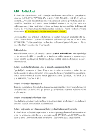 63
A10	Todistukset
Todistuksista on voimassa, mitä laissa ja asetuksessa ammatillisesta peruskoulu-
tuksesta (L 630/1998, 787/2014, 25e §, A 811/1998, 799/2014, 10 §, 13, 13 a §) on
säädetty. Arvosanat tutkintotodistukseen annetaan kaikista perustutkinnon pe-
rusteiden mukaisista tutkinnon osista. Poikkeuksena ovat ne vapaasti valittavat
tutkinnon osat, jotka ovat jatko-opintovalmiuksia tai ammatillista kehittymistä
tukevia tai työkokemuksen kautta hankittua osaamista. Nämä voidaan arvioida
arvosanalla XXX (vahvistetaan asetusmuutoksen jälkeen).
Opetushallitus on antanut todistuksiin ja niiden liitteisiin merkittävistä tie-
doista ammatillisessa peruskoulutuksessa erillismääräyksen 11.11.2014, dno
90/011/2014. Todistusmalleista on laadittu erillinen Opetushallituksen ohjeis-
tus, joka löytyy osoitteesta www.oph.fi.
Tutkintotodistus
Ammatillisesta peruskoulutuksesta annetaan tutkintotodistus, kun opiskelija
on suorittanut kaikki perustutkintoon kuuluvat tutkinnon osat ja ammattiosaa-
misen näytöt hyväksytysti. Tutkintotodistus sisältää päättötodistuksen ja näyt-
tötodistuksen.
Todistus suoritetuista tutkinnon osista ja ammattiosaamisen näytöistä
Opiskelijalle annetaan todistus hänen suorittamistaan tutkinnon osista ja am-
mattiosaamisen näytöistä hänen erotessaan kesken perustutkinnon suorittami-
sen ja myös opiskelun aikana hänen pyynnöstään (L 630/1998, 787/2014, 25 e
§, A 811/1998, 799/2014, 13 §).
Todistus suoritetusta koulutuksesta
Todistus suoritetusta koulutuksesta annetaan ammatilliseen peruskoulutukseen
valmentavasta koulutuksesta ja työhön ja itsenäiseen elämään valmentavasta
koulutuksesta.
Todistus suoritetuista koulutuksen osista
Opiskelijalle annetaan todistus hänen suorittamistaan koulutuksen osista hänen
erotessa kesken koulutuksen suorittamisen.
Todistus kuljetusalan perustason ammattipätevyyskoulutuksen suorittamisesta
Todistuksesta kuljetusalan perustason ammattipätevyyskoulutuksen suorittami-
sesta on voimassa, mitä laissa ja asetuksessa (L 273/2007, A 630/2007) on sää-
detty ja mitä Opetushallituksen laatimissa Todistusmalleissa ohjeistetaan.
 