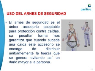• El arnés de seguridad es el
único accesorio aceptable
para protección contra caídas,
su peculiar forma nos
garantiza que cuando sucede
una caída este accesorio se
encarga de distribuir
uniformemente la fuerza que
se genera evitando así un
daño mayor a la persona.
USO DEL ARNES DE SEGURIDAD
USO DEL ARNES DE SEGURIDAD
USO DEL ARNES DE SEGURIDAD
| 20
 