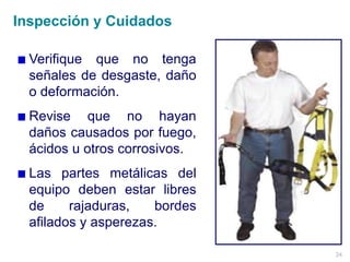 24
Verifique que no tenga
señales de desgaste, daño
o deformación.
Revise que no hayan
daños causados por fuego,
ácidos u otros corrosivos.
Las partes metálicas del
equipo deben estar libres
de rajaduras, bordes
afilados y asperezas.
Inspección y Cuidados
 
