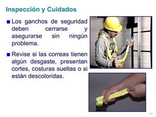 25
Los ganchos de seguridad
deben cerrarse y
asegurarse sin ningún
problema.
Revise si las correas tienen
algún desgaste, presentan
cortes, costuras sueltas o si
están descoloridas.
Inspección y Cuidados
 