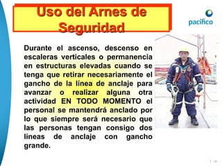 | 29
Durante el ascenso, descenso en
escaleras verticales o permanencia
en estructuras elevadas cuando se
tenga que retirar necesariamente el
gancho de la línea de anclaje para
avanzar o realizar alguna otra
actividad EN TODO MOMENTO el
personal se mantendrá anclado por
lo que siempre será necesario que
las personas tengan consigo dos
líneas de anclaje con gancho
grande.
Uso del Arnes de
Seguridad
 