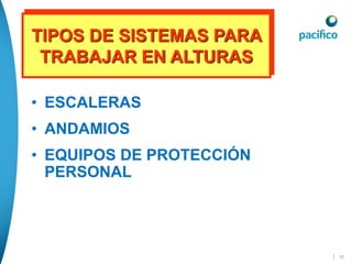 | 36
TIPOS DE SISTEMAS PARA
TRABAJAR EN ALTURAS
• ESCALERAS
• ANDAMIOS
• EQUIPOS DE PROTECCIÓN
PERSONAL
 