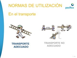 | 43
NORMAS DE UTILIZACIÓN
En el transporte
TRANSPORTE
ADECUADO
TRANSPORTE NO
ADECUADO
 