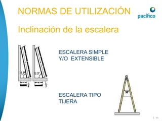 | 45
NORMAS DE UTILIZACIÓN
Inclinación de la escalera
ESCALERA SIMPLE
Y/O EXTENSIBLE
ESCALERA TIPO
TIJERA
 