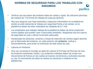 NORMAS DE SEGURIDAD PARA LOS TRABAJOS CON
ANDAMIOS
• Verificar que las bases del andamio debe ser solida y rígida. Se utilizaran planchas
de madera de 1”x0.3mx0.3m debajo de cada pie derecho.
• Hay que asegurar que haya barandas y largueros intermedios en la plataforma
donde se está realizando el trabajo por seguridad frente a las caídas, en la
plataforma deben de estar colocados los rodapiés de 0.1 mts.
• Los empleados que trabajan debajo de la plataforma deben de tener protección
contra objetos que puedan caer o barricadas alrededor. Asegúrese que los cascos
de seguridad se usan y tienen la revisión adecuada.
• Compruebe los refuerzos, amarres y líneas de retención de vientos según descrito
por el fabricante del andamio, en cada extremo del andamio, vertical y
horizontalmente, para evitar la inclinación de éste antes de usar.
• Labores en Andamio
• Una vez concluido el montaje se debe de colocar el Formato de Permiso de Uso
de Andamio (membrete Verde). Los andamios rodantes deben de contar con
mecanismos de frenos en las ruedas en buenas condiciones y activados durante
su uso. El movimiento de estos se realiza sin personal ni material en las
plataformas
| 57
 