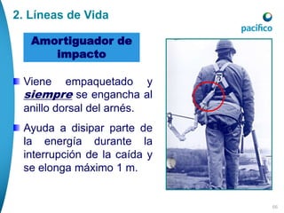 66
Amortiguador de
impacto
2. Líneas de Vida
Viene empaquetado y
siempre se engancha al
anillo dorsal del arnés.
Ayuda a disipar parte de
la energía durante la
interrupción de la caída y
se elonga máximo 1 m.
 
