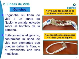 69
Ganchos No vincule dos ganchos de
las líneas de vida entre sí.
No enganche de esta manera
su “cola”, no es seguro.
Enganche su línea de
vida a un punto de
fijación o anclaje ubicado
sobre el hombro de la
persona.
Evite arrastrar el gancho,
contaminar la línea de
vida con elementos que
puedan dañar la fibra, o
el rozamiento con filos
metálicos.
2. Líneas de Vida
 
