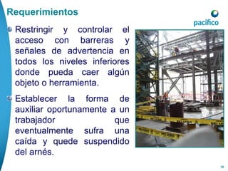 10
Restringir y controlar el
acceso con barreras y
señales de advertencia en
todos los niveles inferiores
donde pueda caer algún
objeto o herramienta.
Establecer la forma de
auxiliar oportunamente a un
trabajador que
eventualmente sufra una
caída y quede suspendido
del arnés.
Requerimientos
 