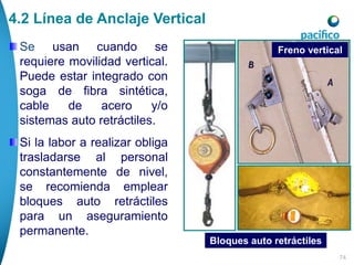 74
Bloques auto retráctiles
Freno vertical
4.2 Línea de Anclaje Vertical
Se usan cuando se
requiere movilidad vertical.
Puede estar integrado con
soga de fibra sintética,
cable de acero y/o
sistemas auto retráctiles.
Si la labor a realizar obliga
trasladarse al personal
constantemente de nivel,
se recomienda emplear
bloques auto retráctiles
para un aseguramiento
permanente.
 