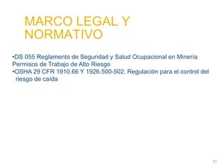 MARCO LEGAL Y NORMATIVO
•DS 055 Reglamento de Seguridad y Salud Ocupacional en Minería
Permisos de Trabajo de Alto Riesgo
•OSHA 29 CFR 1910.66 Y 1926.500-502. Regulación para el control del
riesgo de caída
MARCO LEGAL Y
NORMATIVO
80
 