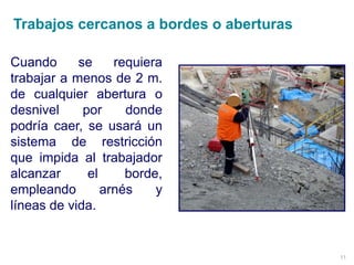 11
Cuando se requiera
trabajar a menos de 2 m.
de cualquier abertura o
desnivel por donde
podría caer, se usará un
sistema de restricción
que impida al trabajador
alcanzar el borde,
empleando arnés y
líneas de vida.
Trabajos cercanos a bordes o aberturas
 