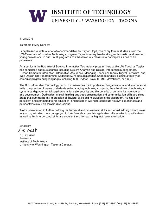 Information Technology Letter Of Recommendation Sample