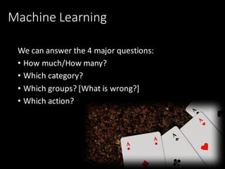 Machine	Learning
We	can	answer	the	4	major	questions:
• How	much/How	many?
• Which	category?
• Which	groups?	[What	is	wrong?]
• Which	action?
 