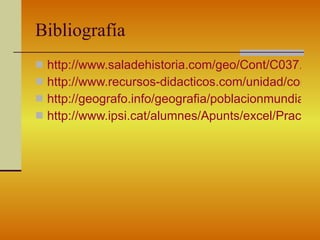 Bibliografía http://www.saladehistoria.com/geo/Cont/C037.htm http://www.recursos-didacticos.com/unidad/comentario-de-la-piramide-de-edades.html http://geografo.info/geografia/poblacionmundial/piramides.htm http://www.ipsi.cat/alumnes/Apunts/excel/Practiques/piramides.pdf 