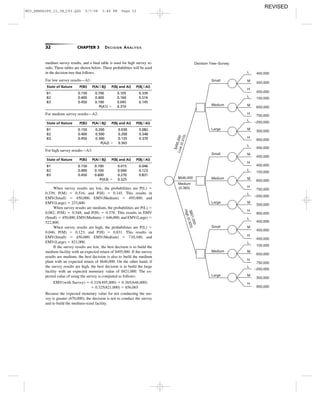 32 CHAPTER 3 DECISION ANALYSIS
Small
Medium
Large
L
M
H
L
M
H
L
M
H
Small
Medium
Large
L
M
H
L
M
H
L
M
H
Small
Medium
Large
L
M
H
L
M
H
L
M
H
450,000
450,000
450,000
150,000
650,000
750,000
–250,000
350,000
950,000
450,000
450,000
650,000
750,000
150,000
350,000
950,000
–250,000
450,000
450,000
450,000
650,000
750,000
150,000
350,000
950,000
–250,000
450,000
Decision Tree–Survey
$495,000Low(0.310)
$821,000
High(0.325)
$646,000
Medium
(0.365)
medium survey results, and a ﬁnal table is used for high survey re-
sults. These tables are shown below. These probabilities will be used
in the decision tree that follows.
For low survey results—A1:
State of Nature P(Bi) P(Ai | Bj) P(Bj and Ai) P(Bj | Ai)
B1 0.150 0.700 0.105 0.339
B2 0.400 0.400 0.160 0.516
B3 0.450 0.100 0.045 0.145
P(A1) ϭ 0.310
For medium survey results—A2:
State of Nature P(Bi) P(Ai | Bj) P(Bj and Ai) P(Bj | Ai)
B1 0.150 0.200 0.030 0.082
B2 0.400 0.500 0.200 0.548
B3 0.450 0.300 0.135 0.370
P(A2) ϭ 0.365
For high survey results—A3:
State of Nature P(Bi) P(Ai | Bj) P(Bj and Ai) P(Bj | Ai)
B1 0.150 0.100 0.015 0.046
B2 0.400 0.100 0.040 0.123
B3 0.450 0.600 0.270 0.831
P(A3) ϭ 0.325
When survey results are low, the probabilities are P(L) ϭ
0.339; P(M) ϭ 0.516; and P(H) ϭ 0.145. This results in
EMV(Small) ϭ 450,000; EMV(Medium) ϭ 495,000; and
EMV(Large) ϭ 233,600.
When survey results are medium, the probabilities are P(L) ϭ
0.082; P(M) ϭ 0.548; and P(H) ϭ 0.378. This results in EMV
(Small) ϭ 450,000; EMV(Medium) ϭ 646,000; and EMV(Large) ϭ
522,800.
When survey results are high, the probabilities are P(L) ϭ
0.046; P(M) ϭ 0.123; and P(H) ϭ 0.831. This results in
EMV(Small) ϭ 450,000; EMV(Medium) ϭ 710,100; and
EMV(Large) ϭ 821,000.
If the survey results are low, the best decision is to build the
medium facility with an expected return of $495,000. If the survey
results are medium, the best decision is also to build the medium
plant with an expected return of $646,000. On the other hand, if
the survey results are high, the best decision is to build the large
facility with an expected monetary value of $821,000. The ex-
pected value of using the survey is computed as follows:
EMV(with Survey) ϭ 0.310(495,000) ϩ 0.365(646,000)
ϩ 0.325(821,000) ϭ 656,065
Because the expected monetary value for not conducting the sur-
vey is greater (670,000), the decision is not to conduct the survey
and to build the medium-sized facility.
M03_REND6289_10_IM_C03.QXD 5/7/08 3:48 PM Page 32
REVISED
 