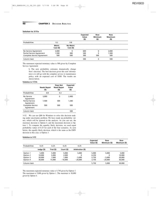 40 CHAPTER 3 DECISION ANALYSIS
Solution to 3-51a
Expected Row Row
Value Minimum Maximum
($) ($) ($)
Probabilities 0.2 0.8
Maint. No Maint.
Cost ($) Cost ($)
No Service Agreement 3,000 0 600 0 3,000
Partial Service Agreement 1,500 300 540 0 1,500
Complete Service Agreement 500 500 500 500 500
Column best 500 0 500
The minimum expected monetary value is 500 given by Complete
Service Agreement
b. The new probability estimates dramatically change
Sim’s decision. The best decision given this new informa-
tion is to still go with the complete service or maintenance
policy with an expected cost of $500. The results are
shown below.
Solution to 3-51b
Does Not Expected
Needs Repair Need Repair Value
($) ($) ($)
Probabilities 0.8 0.2
No Service 3,000 0 2,400
Agreement
Partial Service 1,500 300 1,260
Agreement
Complete Service 500 500 500
Agreement
Column best 500
3-52. We can use QM for Windows to solve this decision mak-
ing under uncertainty problem. We have made up probability val-
ues, which will be ignored in the analysis. As you can see, the
maximax decision is Option 4, and the maximum decision is Op-
tion 1. To compute the equality likely decision, we used equal
probability values of 0.25 for each of the four scenarios. As seen
below, the equally likely decision, which is the same as the EMV
decision in this case, is Option 3.
Solution to 3-52
Expected Row Row
Value ($) Minimum ($) Miximum ($)
Probabilities 0.25 0.25 0.25 0.25
Judge ($) Trial ($) Court ($) Arbitration ($)
Option 1 5,000 5,000 5,000 5,000 5,000 5,000 5,000
Option 2 10,000 5,000 2,000 0 4,250 0 10,000
Option 3 20,000 7,000 1,000 Ϫ5,000 5,750 Ϫ5,000 20,000
Option 4 30,000 15,000 Ϫ10,000 Ϫ20,000 3,750 Ϫ20,000 30,000
Column best 5,750 5,000 30,000
The maximum expected monetary value is 5,750 given by Option 3.
The maximum is 5,000 given by Option 1. The maximax is 30,000
given by Option 4.
M03_REND6289_10_IM_C03.QXD 5/7/08 3:48 PM Page 40
REVISED
 