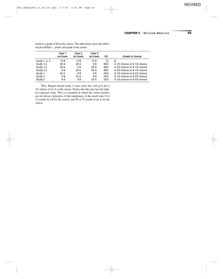 CHAPTER 3 DECISION ANALYSIS 45
Case 1 Case 2 Case 3
on Exam on Exam on Exam EV Grade in Course
Study 1, 2, 3 12 B 12 B 12 B 12 B
Study 1,2 20 A 20 A 0 B 40/3 A 2/3 chance or B 1/3 chance
Study 1,3 20 A 0 B 20 A 40/3 A 2/3 chance or B 1/3 chance
Study 2,3 0 B 20 A 20 A 40/3 A 2/3 chance or B 1/3 chance
Study 1 25 A 0 B 0 B 25/3 A 1/3 chance or B 2/3 chance
Study 2 0 B 25 A 0 B 25/3 A 1/3 chance or B 2/3 chance
Study 3 0 B 0 B 25 A 25/3 A 1/3 chance or B 2/3 chance
Thus, Raquel should study 2 cases since this will give her a
2/3 chance of an A in the course. Notice that this also has the high-
est expected value. This is a situation in which the values (points)
are not always indicative of the importance of the result since 0 or
12 results in a B for the course, and 20 or 25 results in an A for the
course.
result in a grade of B for the course. The table below gives the differ-
ent possibilities – points and grade in the course.
M03_REND6289_10_IM_C03.QXD 5/7/08 3:48 PM Page 45
REVISED
 