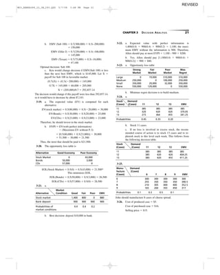 CHAPTER 3 DECISION ANALYSIS 21
b. EMV (Sub 100) ϭ 0.7(300,000) ϩ 0.3(–200,000)
ϭ 150,000
EMV (Oiler J) ϭ 0.7(250,000) ϩ 0.3(–100,000)
ϭ 145,000
EMV (Texan) ϭ 0.7(75,000) ϩ 0.3(–18,000)
ϭ 47,100
Optimal decision: Sub 100.
c. Ken would change decision if EMV(Sub 100) is less
than the next best EMV, which is $145,000. Let X ϭ
payoff for Sub 100 in favorable market.
(0.7)(X) ϩ (0.3)(Ϫ200,000) Ͻ 145,000
0.7X Ͻ 145,000 ϩ 60,000 ϭ 205,000
X Ͻ (205,000)/0.7 ϭ 292,857.14
The decision would change if this payoff were less than 292,857.14,
so it would have to decrease by about $7,143.
3-19. a. The expected value (EV) is computed for each
alternative.
EV(stock market) ϭ 0.5(80,000) ϩ 0.5(Ϫ20,000) ϭ 30,000
EV(Bonds) ϭ 0.5(30,000) ϩ 0.5(20,000) ϭ 25,000
EV(CDs) ϭ 0.5(23,000) ϩ 0.5(23,000) ϭ 23,000
Therefore, he should invest in the stock market.
b. EVPI ϭ EV(with perfect information)
Ϫ (Maximum EV without P, I)
ϭ [0.5(80,000) ϩ 0.5(23,000)] Ϫ 30,000
ϭ 51,500 Ϫ 30,000 ϭ 21,500
Thus, the most that should be paid is $21,500.
3-20. The opportunity loss table is
Alternative Good Economy Poor Economy
Stock Market 0 43,000
Bonds 50,000 3,000
CDs 57,000 0
EOL(Stock Market) ϭ 0.5(0) ϩ 0.5(43,000) ϭ 21,500*
This minimizes EOL.
EOL(Bonds) ϭ 0.5(50,000) ϩ 0.5(3,000) ϭ 26,500
EOL(CDs) ϭ 0.5(57,000) ϩ 0.5(0) ϭ 28,500
3-21. a.
Market
Alternative Condition Good Fair Poor EMV
Stock market 1,400 800 0 880
Bank deposit 900 900 900 900
Probabilities of 0.4 0.4 0.2
market conditions
b. Best decision: deposit $10,000 in bank.
3-22. a. Expected value with perfect information is
1,400(0.4) ϩ 900(0.4) ϩ 900(0.2) ϭ 1,100; the maxi-
mum EMV without the information is 900. Therefore,
Allen should pay at most EVPI ϭ 1,100 – 900 ϭ $200.
b. Yes, Allen should pay [1,100(0.4) ϩ 900(0.4) ϩ
900(0.2)] Ϫ 900 ϭ $80.
3-23. a. Opportunity loss table
Strong Fair Poor Max.
Market Market Market Regret
Large 0 19,000 310,000 310,000
Medium 250,000 0 100,000 250,000
Small 350,000 29,000 32,000 350,000
None 550,000 129,000 0 550,000
b. Minimax regret decision is to build medium.
3-24. a.
Stock Demand
(Cases) (Cases) 11 12 13 EMV
11 385 385 385 38512.
12 329 420 420 379.05
13 273 364 455 341.25
Probabilities 0.45 0.35 0.20
b. Stock 11 cases.
c. If no loss is involved in excess stock, the recom-
mended course of action is to stock 13 cases and to re-
plenish stock to this level each week. This follows from
the following decision table.
Stock Demand
(Cases) (Cases) 11 12 13 EMV
11 385 385 385 385
12 385 420 420 404.25
13 385 420 455 411.25
3-25.
Manu- Demand
facture (Cases)
(Cases) 6 7 8 9 EMV
6 300 300 300 300 300
7 255 350 350 350 340.5
8 210 305 400 400 352.5
9 165 260 355 450 317
Probabilities 0.1 0.3 0.5 0.1
John should manufacture 8 cases of cheese spread.
3-26. Cost of produced case ϭ $5.
Cost of purchased case ϭ $16.
Selling price ϭ $15.
M03_REND6289_10_IM_C03.QXD 5/7/08 3:48 PM Page 21
REVISED
 