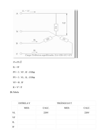 IL = IF

   PY = 3 . VF . IF . COSϕ

   PY = 3 . VL . IL . COSϕ

   VF = R . IF

   R = V2 / P

21.Tabela



         ESTRELA Y                   TRIÂNGULO T

                 MED.        CALC.        MED.     CALC.

  VL                         220V                  220V

  VF

  IL

  IF
 