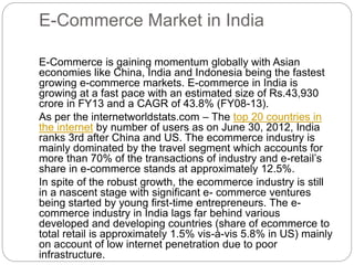 E-Commerce Market in India 
E-Commerce is gaining momentum globally with Asian 
economies like China, India and Indonesia being the fastest 
growing e-commerce markets. E-commerce in India is 
growing at a fast pace with an estimated size of Rs.43,930 
crore in FY13 and a CAGR of 43.8% (FY08-13). 
As per the internetworldstats.com – The top 20 countries in 
the internet by number of users as on June 30, 2012, India 
ranks 3rd after China and US. The ecommerce industry is 
mainly dominated by the travel segment which accounts for 
more than 70% of the transactions of industry and e-retail’s 
share in e-commerce stands at approximately 12.5%. 
In spite of the robust growth, the ecommerce industry is still 
in a nascent stage with significant e- commerce ventures 
being started by young first-time entrepreneurs. The e-commerce 
industry in India lags far behind various 
developed and developing countries (share of ecommerce to 
total retail is approximately 1.5% vis-à-vis 5.8% in US) mainly 
on account of low internet penetration due to poor 
infrastructure. 
 