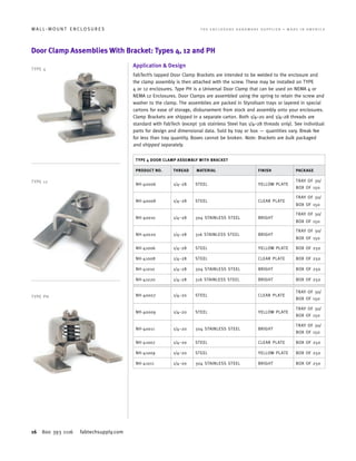 16 800 393 1116 fabtechsupply.com
W A L L - M O U N T E N C L O S U R E S 	 T H E E N C L O S U R E H A R D W A R E S U P P L I E R • M A D E I N A M E R I C A
Door Clamp Assemblies With Bracket: Types 4, 12 and PH
Application & Design
FabTech’s tapped Door Clamp Brackets are intended to be welded to the enclosure and
the clamp assembly is then attached with the screw. These may be installed on TYPE
4 or 12 enclosures. Type PH is a Universal Door Clamp that can be used on NEMA 4 or
NEMA 12 Enclosures. Door Clamps are assembled using the spring to retain the screw and
washer to the clamp. The assemblies are packed in Styrofoam trays or layered in special
cartons for ease of storage, disbursement from stock and assembly onto your enclosures.
Clamp Brackets are shipped in a separate carton. Both 1/4–20 and 1/4–28 threads are
standard with FabTech (except 316 stainless Steel has 1/4–28 threads only). See individual
parts for design and dimensional data. Sold by tray or box — quantities vary. Break fee
for less than tray quantity. Boxes cannot be broken. Note: Brackets are bulk packaged
and shipped separately.
TYPE 4 DOOR CLAMP ASSEMBLY WITH BRACKET
PRODUCT NO. THREAD MATERIAL FINISH PACKAGE
NH-40006 1/4–28 STEEL YELLOW PLATE
TRAY OF 30/
BOX OF 150
NH-40008 1/4–28 STEEL CLEAR PLATE
TRAY OF 30/
BOX OF 150
NH-40010 1/4–28 304 STAINLESS STEEL BRIGHT
TRAY OF 30/
BOX OF 150
NH-40020 1/4–28 316 STAINLESS STEEL BRIGHT
TRAY OF 30/
BOX OF 150
NH-41006 1/4–28 STEEL YELLOW PLATE BOX OF 250
NH-41008 1/4–28 STEEL CLEAR PLATE BOX OF 250
NH-41010 1/4–28 304 STAINLESS STEEL BRIGHT BOX OF 250
NH-41020 1/4–28 316 STAINLESS STEEL BRIGHT BOX OF 250
NH-40007 1/4–20 STEEL CLEAR PLATE
TRAY OF 30/
BOX OF 150
NH-40009 1/4–20 STEEL YELLOW PLATE
TRAY OF 30/
BOX OF 150
NH-40011 1/4–20 304 STAINLESS STEEL BRIGHT
TRAY OF 30/
BOX OF 150
NH-41007 1/4–20 STEEL CLEAR PLATE BOX OF 250
NH-41009 1/4–20 STEEL YELLOW PLATE BOX OF 250
NH-41011 1/4–20 304 STAINLESS STEEL BRIGHT BOX OF 250
TYPE 4
TYPE 12
TYPE PH
 